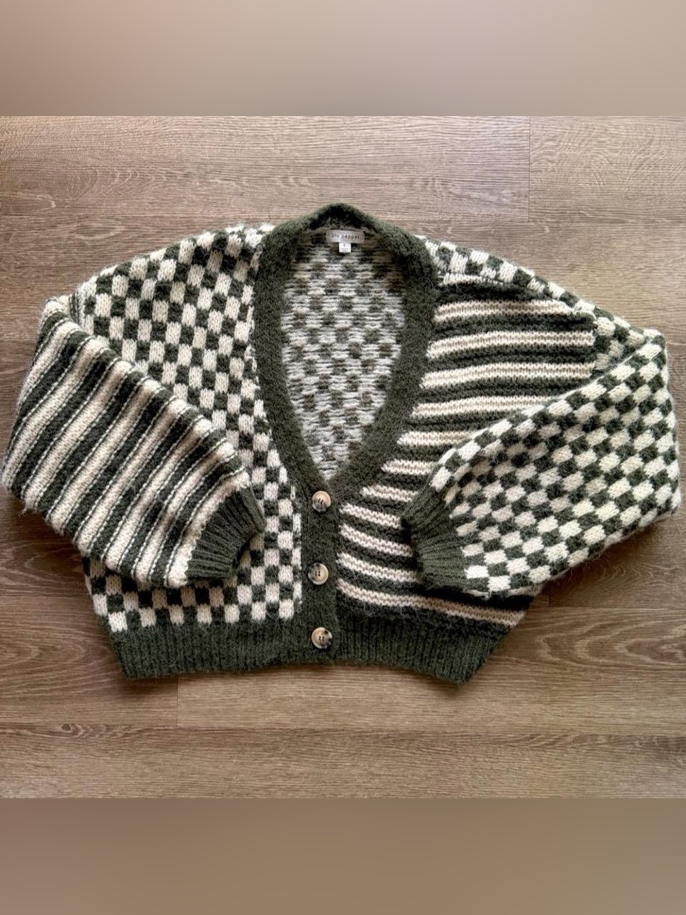 Blu Pepper Olive Green and Cream Checkerboard Stripe Cardigan
